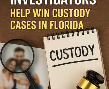 Notebook labeled 'Custody' with magnifying glass over a family photo and gavel on a desk, symbolizing private investigator involvement in child custody cases in Florida.