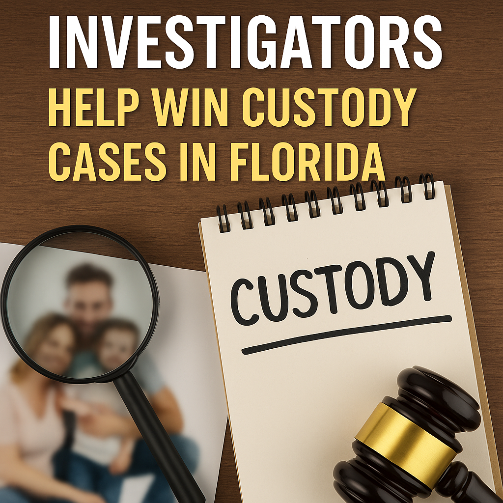 Notebook labeled 'Custody' with magnifying glass over a family photo and gavel on a desk, symbolizing private investigator involvement in child custody cases in Florida.